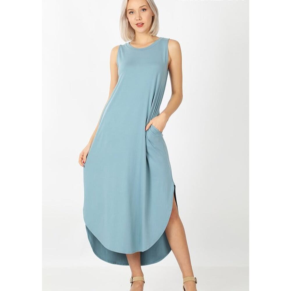 Side Slit Maxi Dress With Pockets- Blue Grey